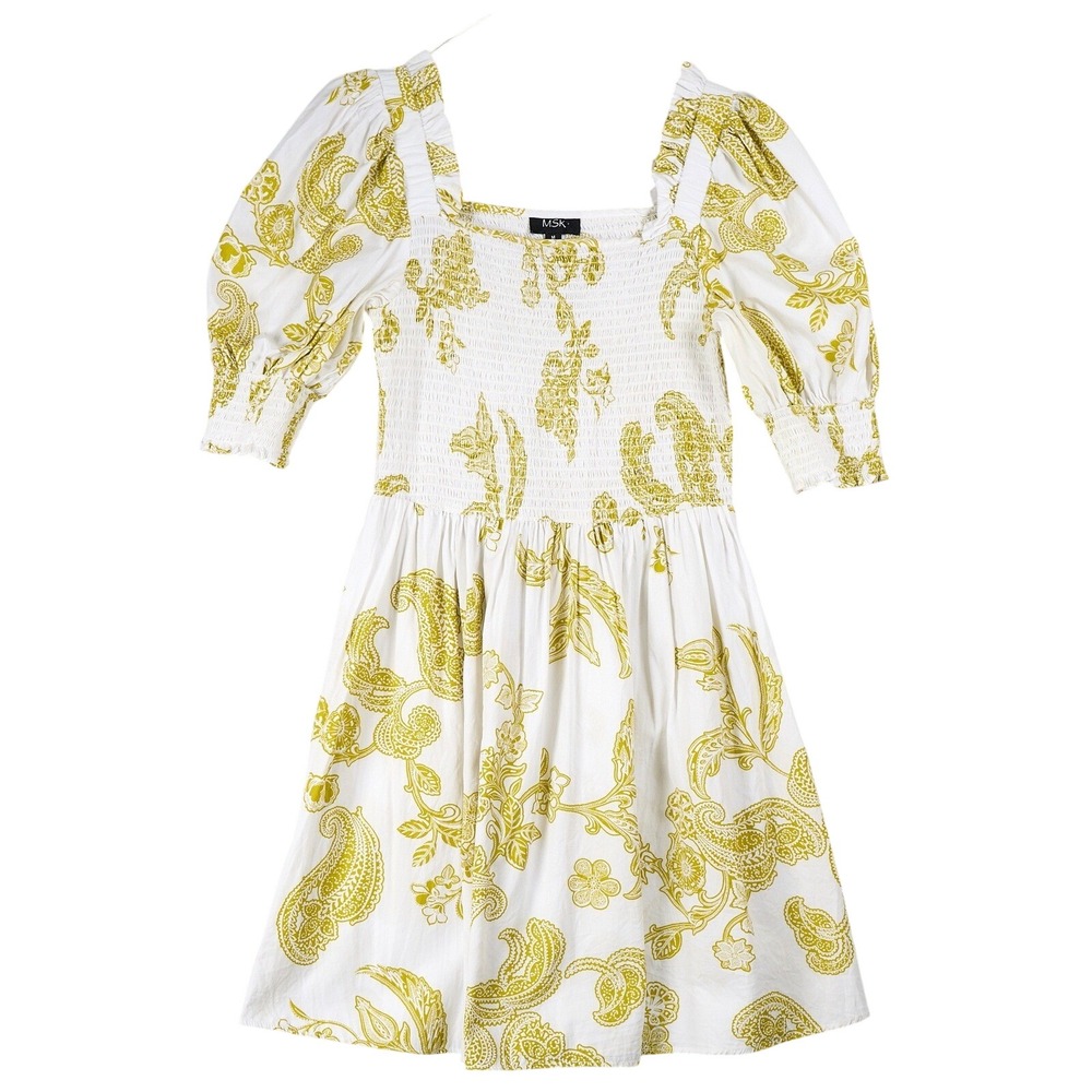MSK‎ Womens Chartreuse Paisley Smocked Puff Sleeve Cotton Mini Dress Medium